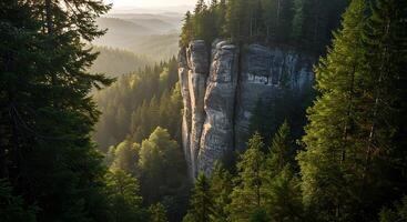 A mountain with trees and rocks in the background photo