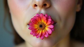 A woman with a flower in her mouth photo