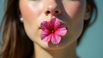 A woman with pink flower in her mouth photo