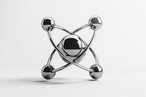 3D Render of Metallic Atom Model with Shiny Chrome Spheres photo