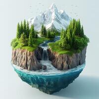 Miniature Floating Island with Snowy Mountains and Flowing River photo