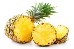 Whole and Sliced Pineapple with Green Leaves photo