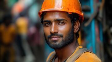 A smiling construction worker with an orange hard hat confidently poses for a close-up shot. photo