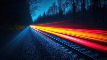 Vivid streaks of light from a speeding train are captured at night on railroad tracks. photo