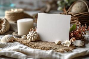 A blank card is sitting on a table with shells and candles photo