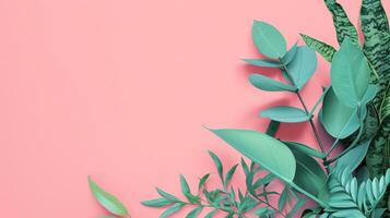 Various green plants on a pink background photo