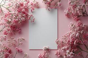 A blank sheet of paper surrounded by pink flowers photo