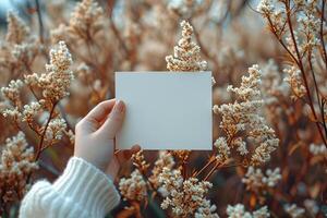A person holding a blank piece of paper in front of a field of flowers photo