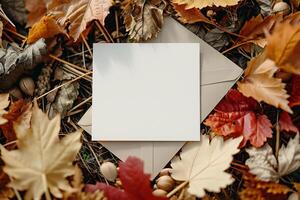 Autumn leaves and blank card on the ground photo