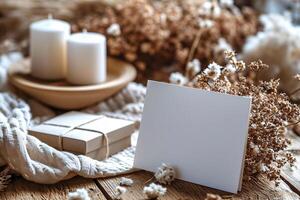 Blank card on wooden table with candles and dry flowers photo