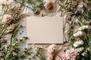 Flowers and paper on a table photo