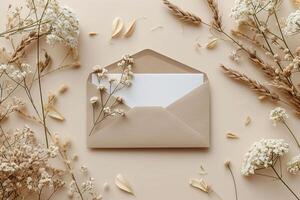 Open envelope with white paper and dried flowers on beige background photo