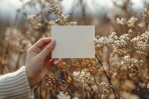 A person holding a blank piece of paper in a field photo