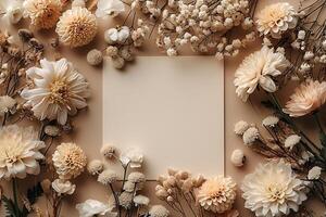 Flowers and paper frame on brown background photo