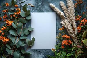 A blank card surrounded by flowers and plants photo