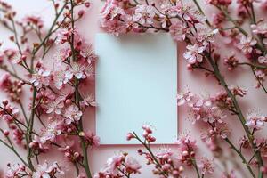 Pink cherry blossom with white paper on pink background photo