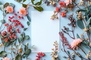 Flowers and leaves around a blank card on a blue background photo