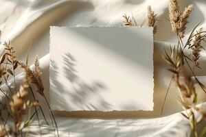 Blank paper on a white background with grass photo