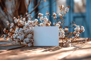 A white card on a table with flowers photo