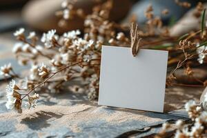A blank card is hanging from a string of flowers photo