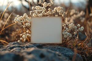 Blank paper on the rock with flowers photo