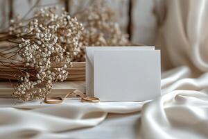 Blank card on a table with a bouquet of dried flowers photo