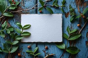 A blank piece of paper surrounded by green leaves and nuts photo