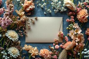 A blank card surrounded by flowers and leaves photo