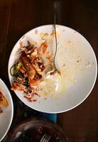 Leftover of fish food on a white plate photo