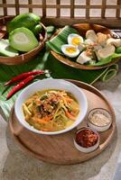 Lontong sayur is a traditional Indonesian dish of compressed rice cakes in a flavorful coconut milk soup with vegetables, tofu, tempeh, boiled eggs, and sambal, often served for breakfast. photo