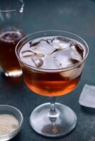 Iced tea with mint leaf under artificial light with shadow, minimalist photography isolated in green background. photo