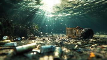 Underwater view reveals the harsh reality of river pollution filled with plastic and waste photo