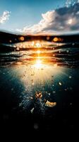 Trash and sunlight create a stark contrast in the tropical ocean photo