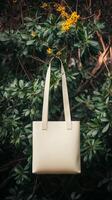 Blank tote bag displayed against a vibrant green bush backdrop during spring season photo