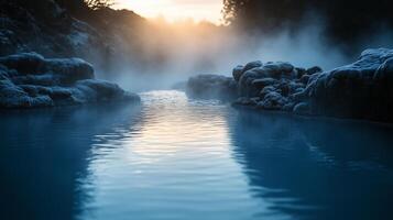Bubbling hot spring with rising steam at sunset in a tranquil natural setting photo
