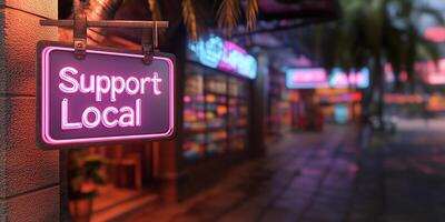 Neon signs illuminate a futuristic digital city promoting local businesses in a vibrant setting photo