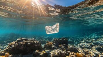 Plastic bag drifts silently under water, highlighting pollution's impact on marine ecosystems photo