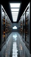 Futuristic server room with glowing holographic cloud icons and data streams in a sleek design environment photo