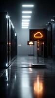 Futuristic server room with glowing holographic cloud icons and data streams in a modern facility photo