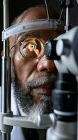 Glaucoma specialist conducts eye examination using advanced diagnostic equipment in a clinical setting photo
