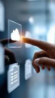 Touching the cloud icon for seamless digital document management and secure information exchange photo