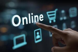 Touching the online icon in a digital technology environment with shopping and mobile screen graphics photo