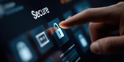 Touching secure access icon on digital technology interface with holographic effects photo