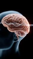 Surreal visualization of human brain under overload with warning signal representing heightened dopamine activity photo