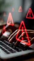 Urgent online safety warning with holographic alerts appearing while typing on a laptop photo
