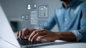 Person uses laptop for job application with modern interface and touchless forms photo