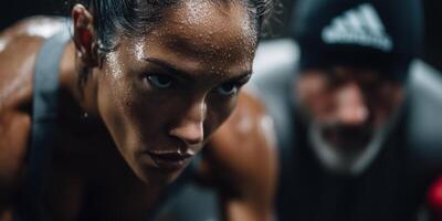 Personal trainer motivates client during high-intensity workout session in gym photo