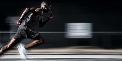 Runner sprints on track, capturing dynamic motion and energy in a competitive environment photo