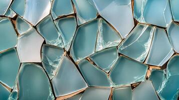 Close-up of shattered glass shards from an abandoned factory window reflecting light and decay photo