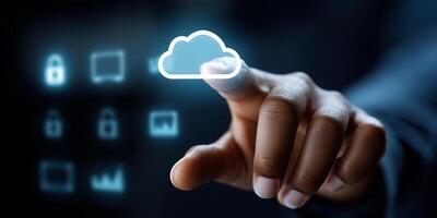 Hand interacts with digital cloud icon on screen symbolizing virtual data storage and security management photo